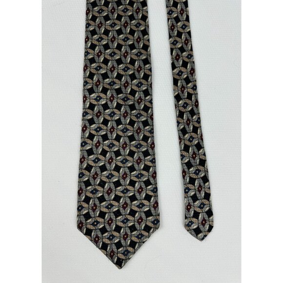 JT Beckett Mens Necktie Black Tan and Burgandy Geometric 100% Silk USA 4 x 59 in - Picture 3 of 7